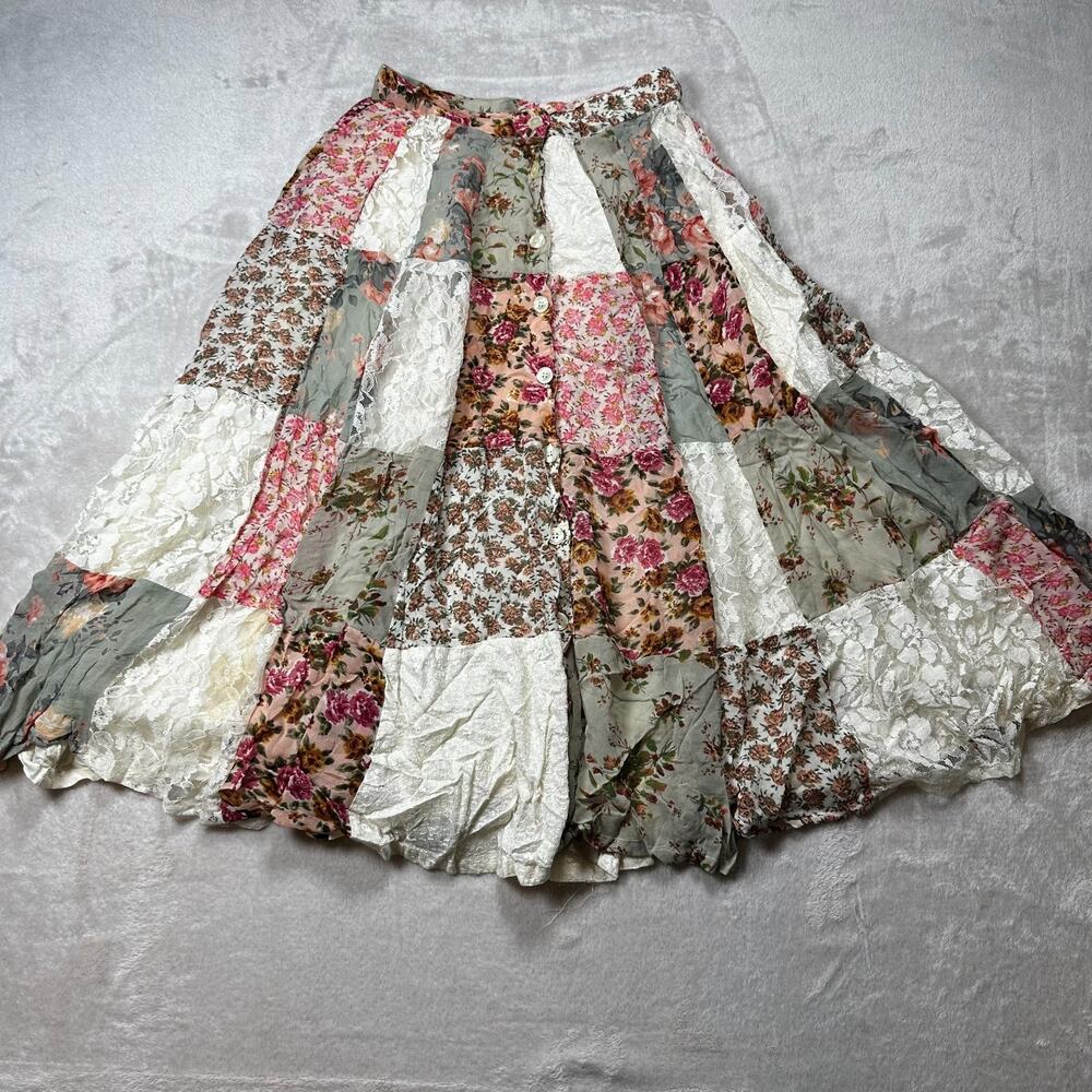Together Patchwork Skirt Womens 10 Floral Lace Button Front Boho Midi